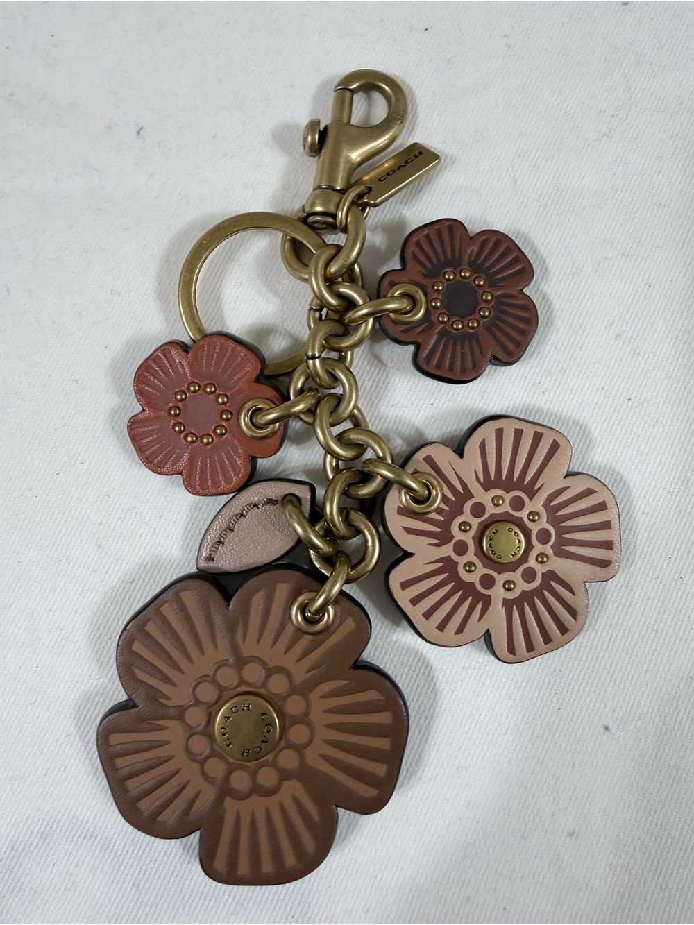 COACH Tea Rose Cluster Floral Leather Keychain Charm - Brown EUC